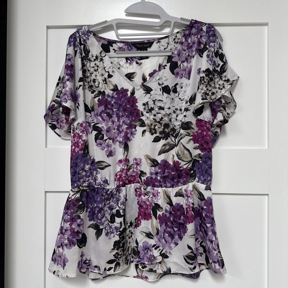 White House Black Market Women's Med Floral V-Neck Ruffle Blouse White Purple
